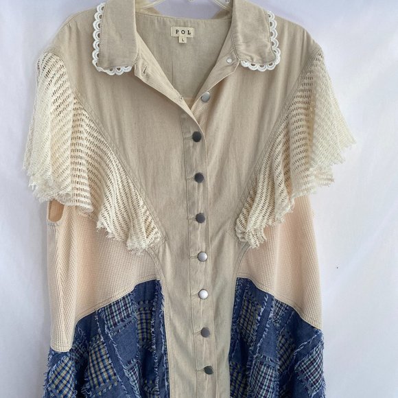 POL Bohemian Lacy White Blue Patchwork Dress Tunic Top NWOT Women's Size Large - Picture 7 of 15